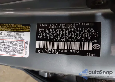 2007 Toyota Camry Le z USA, uszkodzony, nr VIN 4T1BE46K77U557013